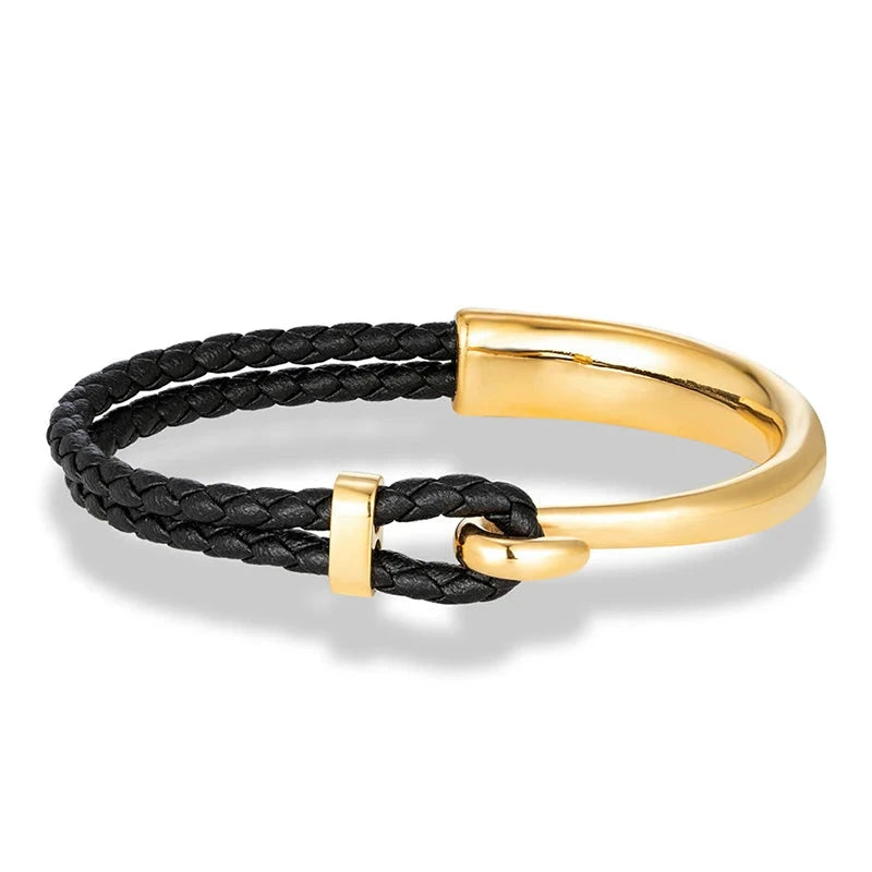 Pulseira de couro trançado preto para homens, gancho de aço inoxidável polido, sem desbotamento, punho clássico, charme, presentes masculinos, na moda