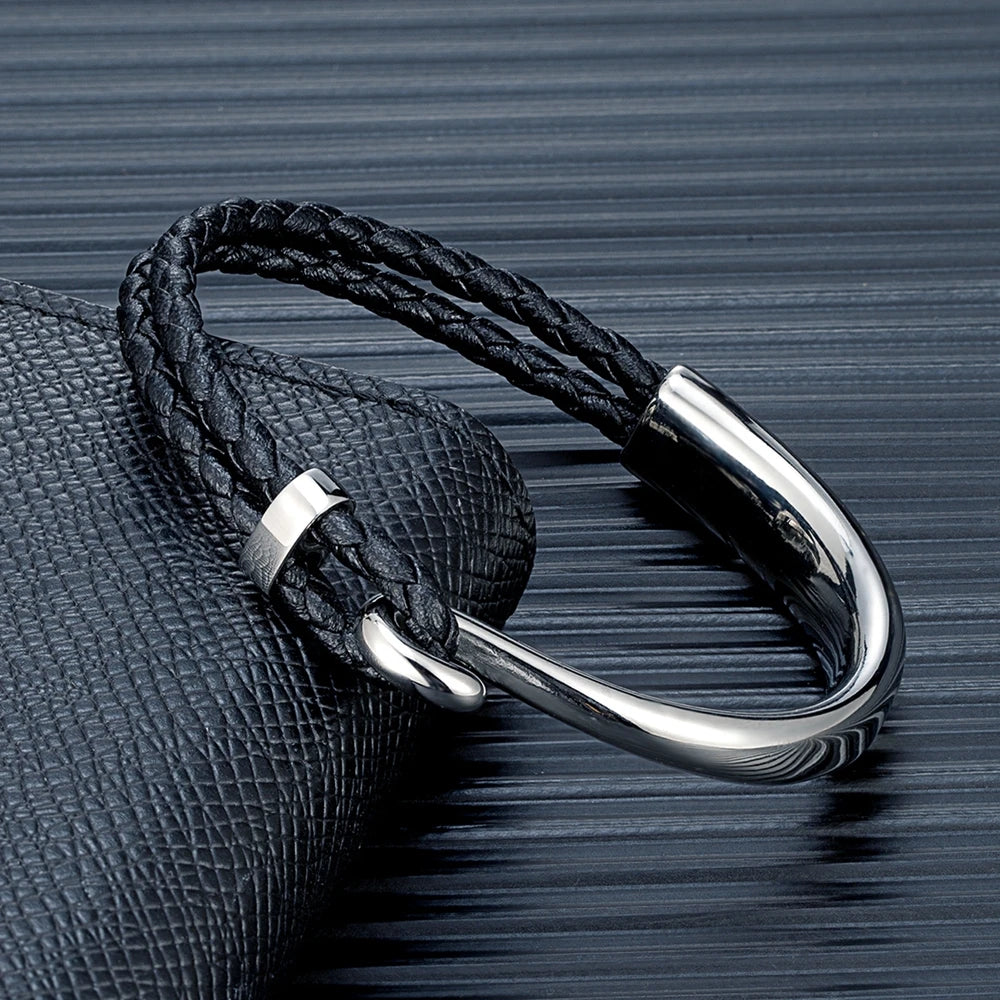 Pulseira de couro trançado preto para homens, gancho de aço inoxidável polido, sem desbotamento, punho clássico, charme, presentes masculinos, na moda