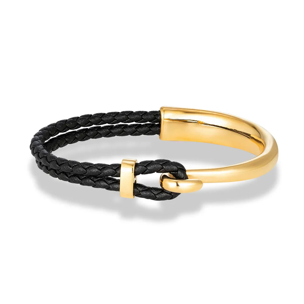 Pulseira de couro trançado preto para homens, gancho de aço inoxidável polido, sem desbotamento, punho clássico, charme, presentes masculinos, na moda